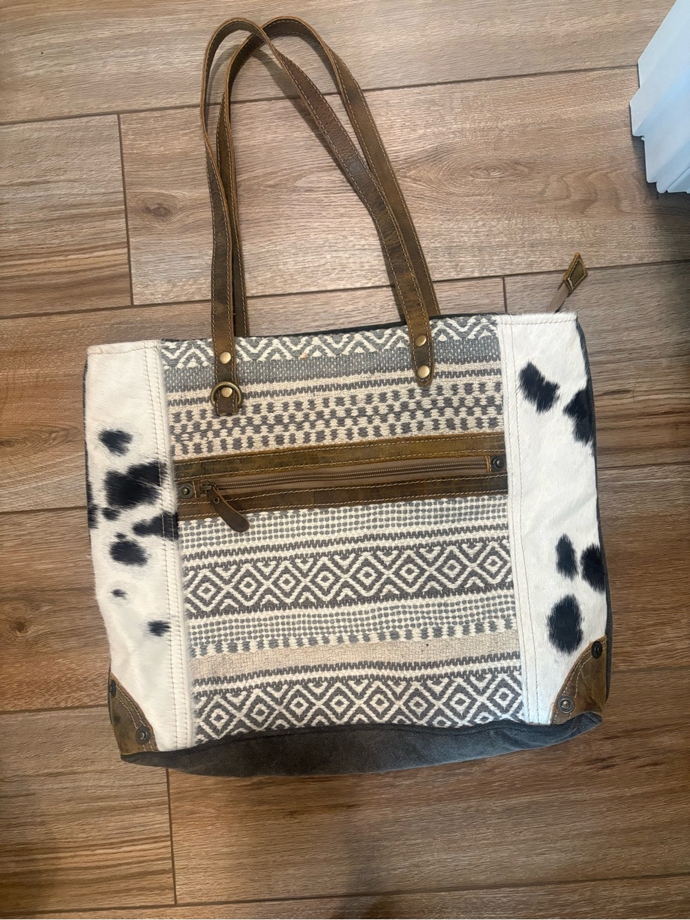 Myra Bag Black and Cream Patterned Canvas & Cowhide Tote with Tan Accents